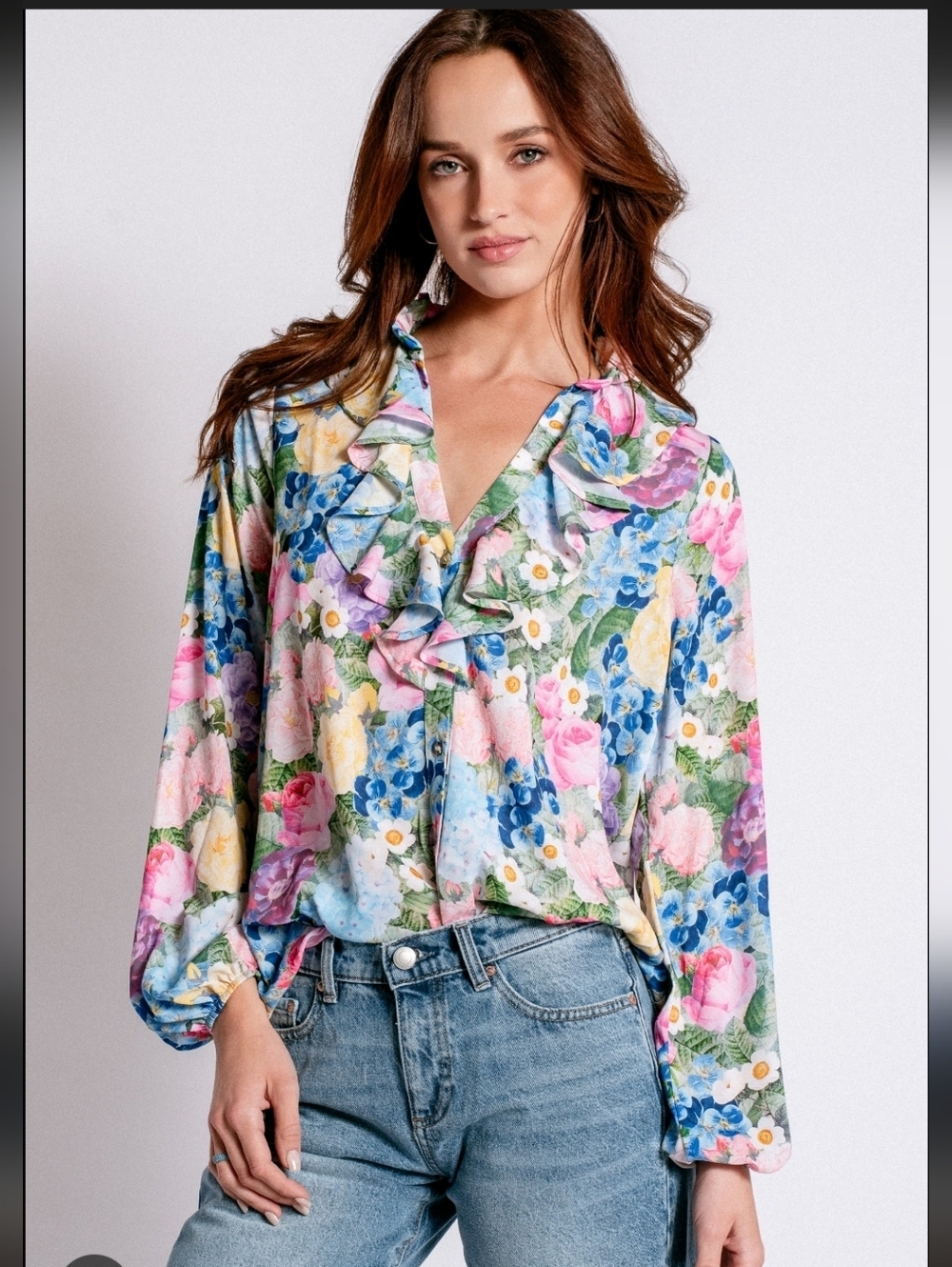 Show Me Your MuMu Floral Ruffle Blouse - Blue, Pink, Purple, Yellow, Green_XS